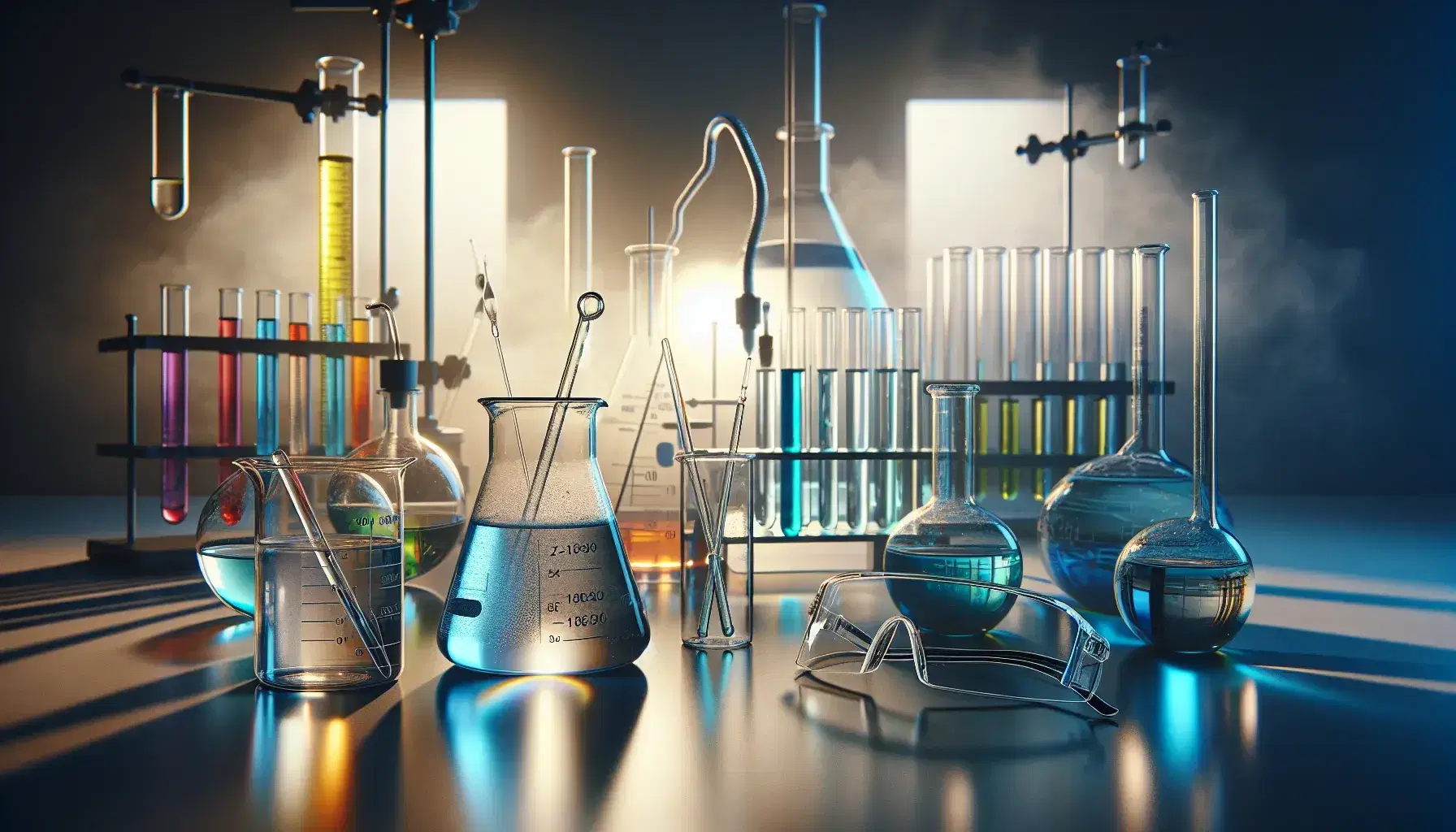 Chemical laboratory with transparent beaker on bench, safety glasses, colored test tubes, graduated cylinder, Bunsen flame and various glassware.