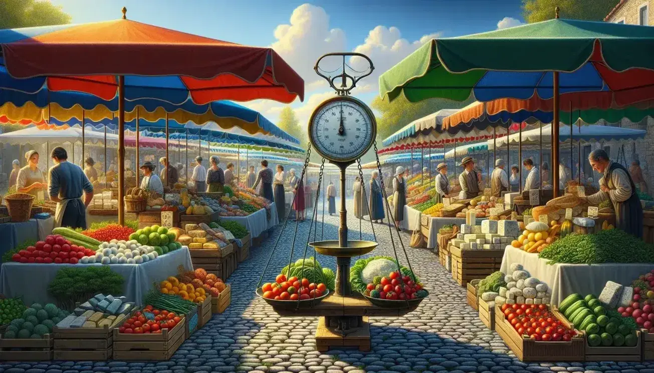 Mercado al aire libre con puestos de frutas y verduras frescas, gente comprando y balanza vacía en el centro, bajo un cielo azul con árboles al fondo.