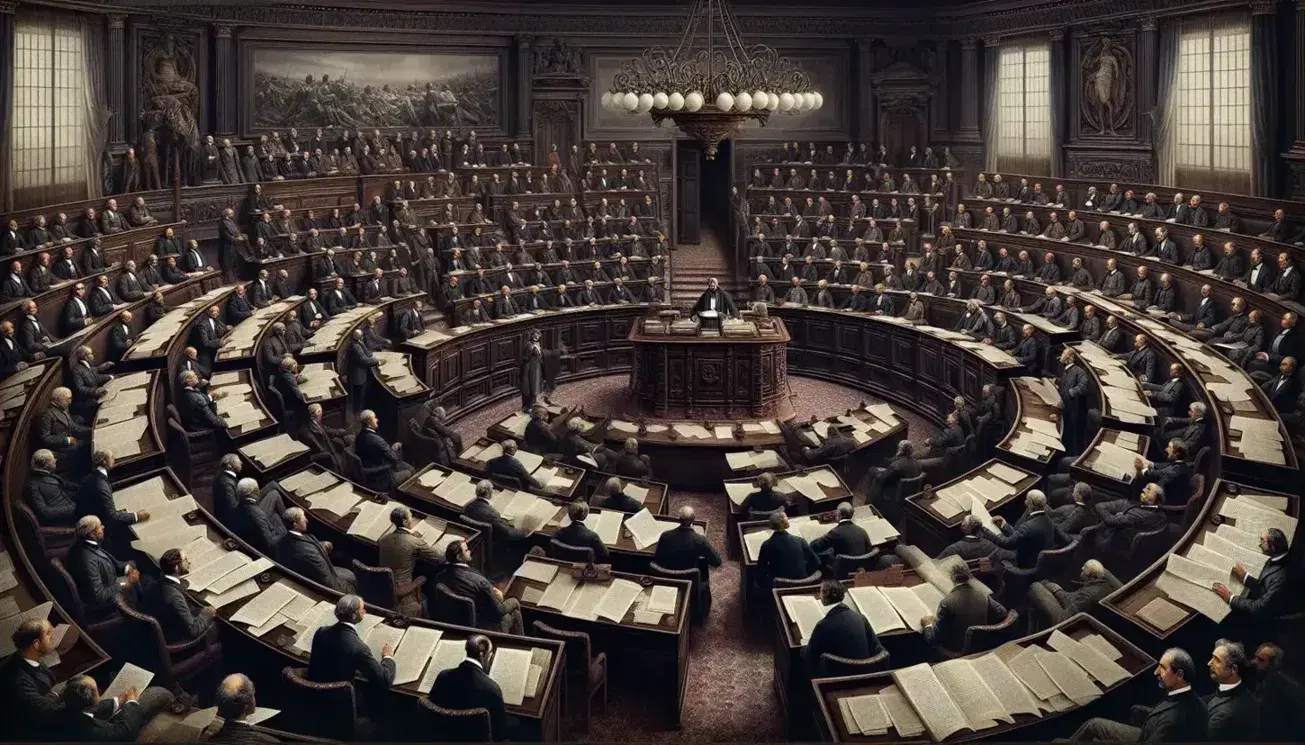 Sala parlamentare italiana post-unitaria con banchi semicircolari, uomini in abiti d'epoca e candelabro in ferro battuto.