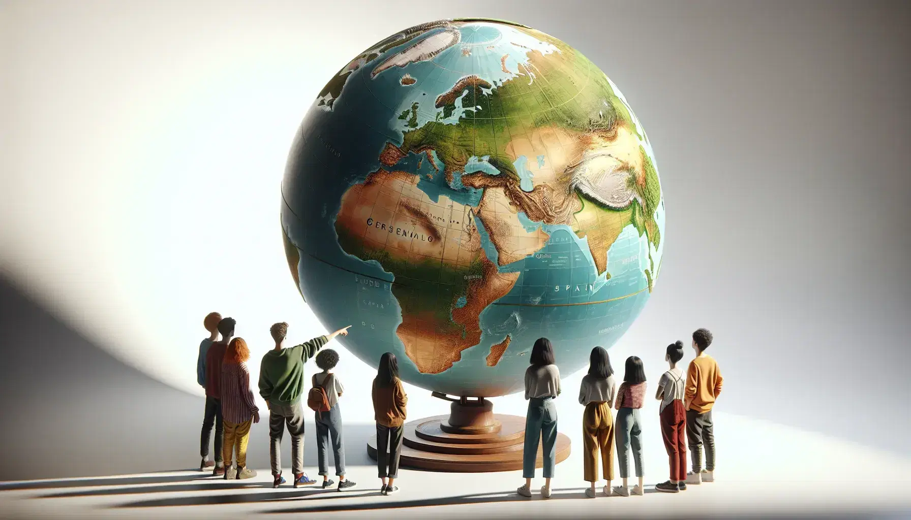 Globo terráqueo 3D con Europa al centro en tonos verdes y marrones, jóvenes observando y señalando hacia España, iluminación natural.