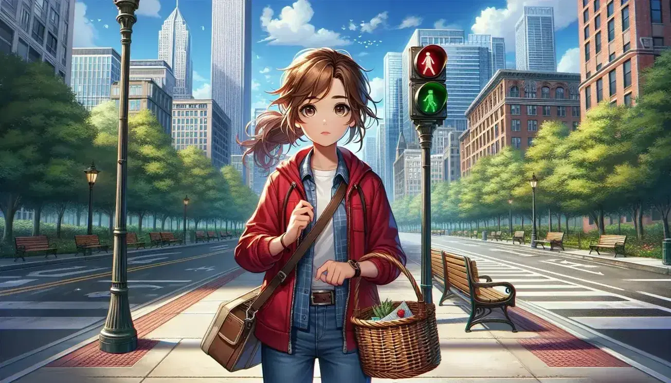 Niña con cabello castaño y coleta, chaqueta roja y jeans azules, sostiene cesta y mapa en calle urbana con rascacielos, semáforo peatonal en verde y parque al fondo.