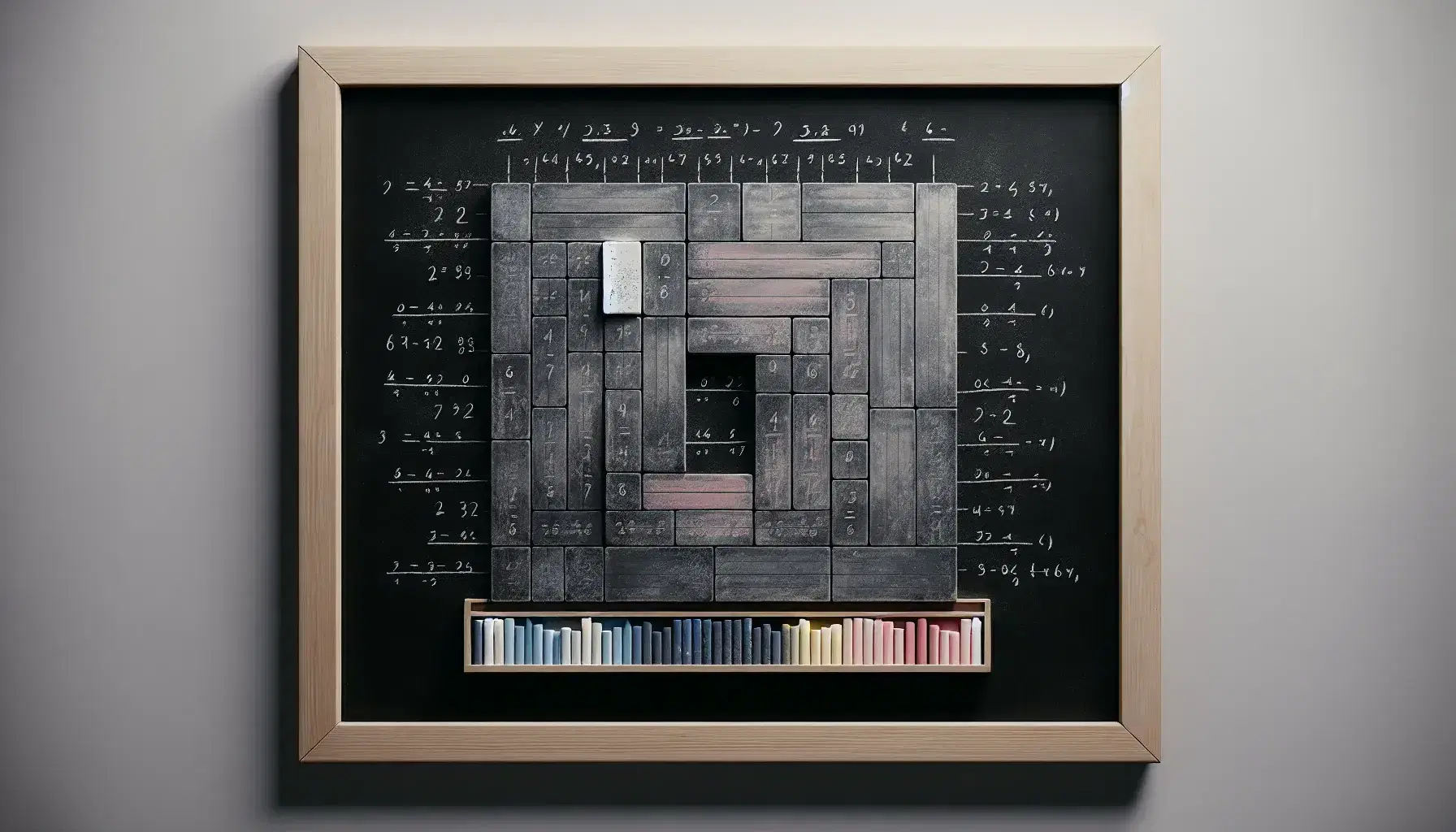 Close-up view of a blackboard with a wooden chalk holder containing multicolored chalk, and a chalk-drawn rectangle divided into smaller sections.