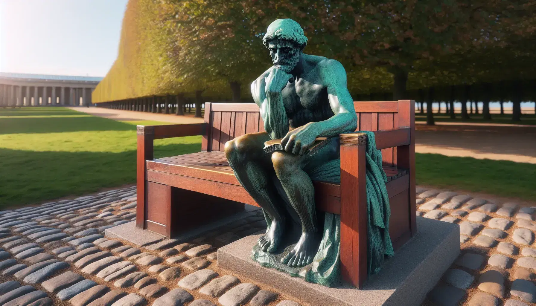 Estatua de bronce de filósofo pensativo sentado en banca de madera, con libro en regazo y mirada al horizonte, en entorno de adoquines y árbol.