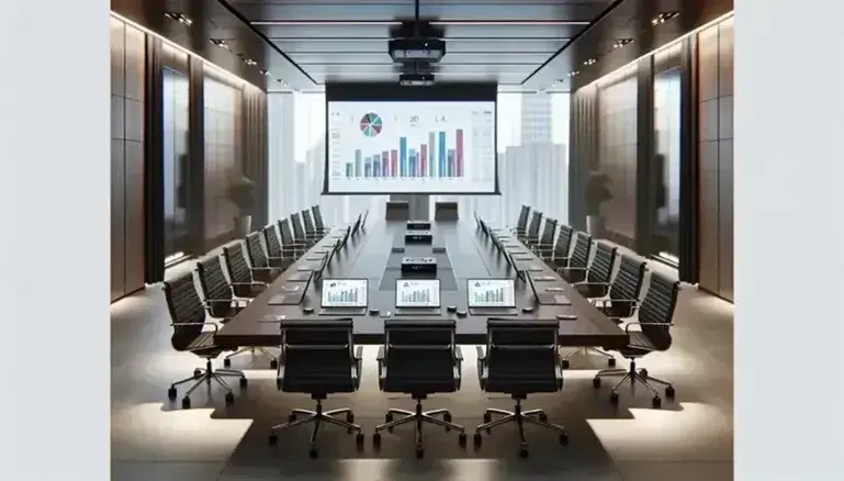 Sala de reuniones corporativa con mesa rectangular, sillas ergonómicas negras y laptops mostrando gráficos, proyector encendido y vista urbana desde la ventana.