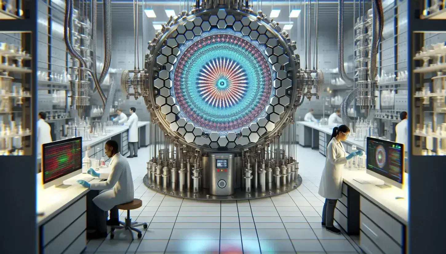 Large circular particle detector with hexagonal panels, connected by cables, with two scientists examining equipment and data in a high-tech lab.
