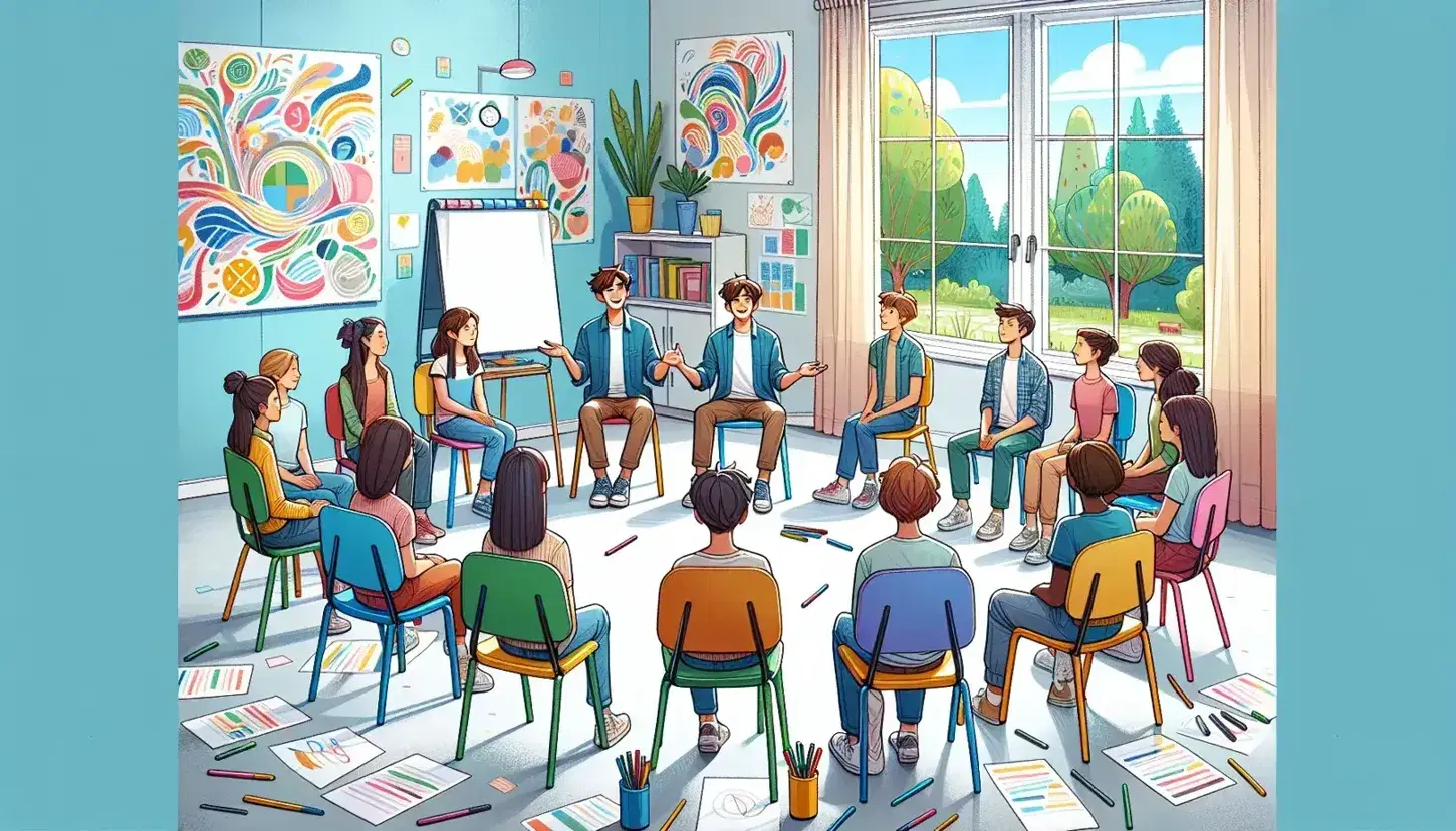 Aula luminosa con studenti diversificati seduti in cerchio su sedie colorate, uno parla gesticolando, fogli e penne colorate sul pavimento, pareti decorate, finestra con vista sul verde.