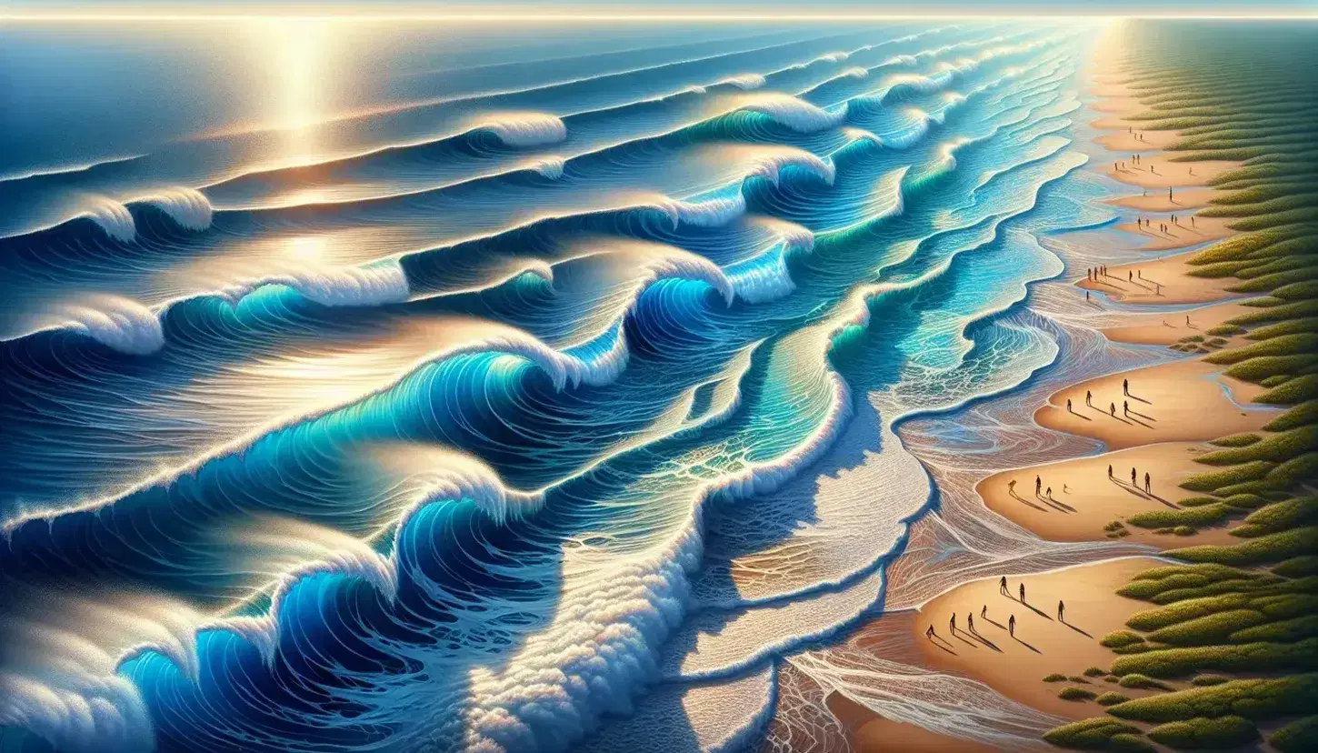 Onde oceaniche schiumose si infrangono sulla spiaggia con surfisti in attesa, riflessi solari sull'acqua e costa sabbiosa visibile.