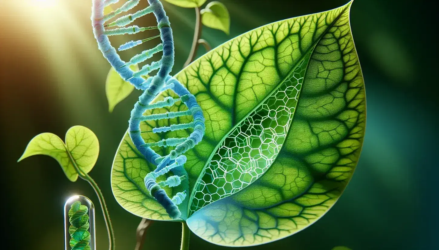 Green leaf translucent in the sun with visible vein pattern, blurry plant stem and DNA helix 3D model in blue and orange.