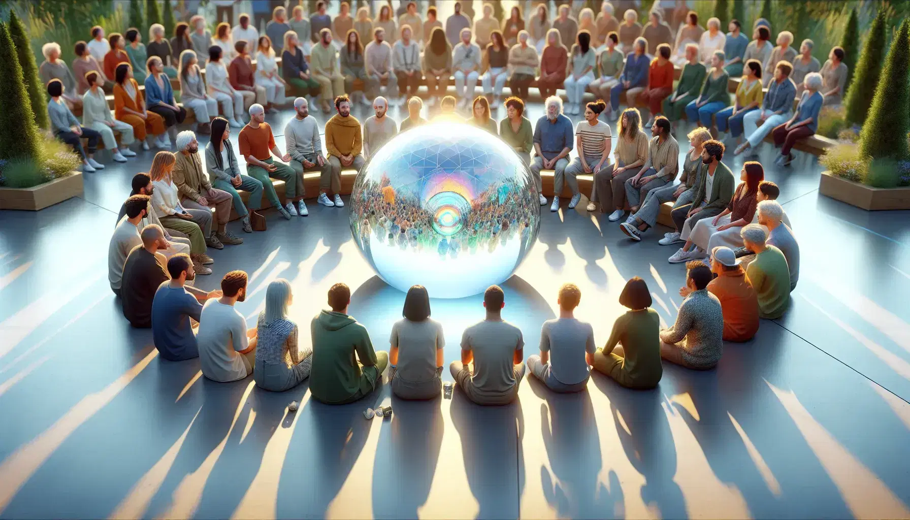 Grupo diverso de personas sentadas en círculo alrededor de una esfera transparente en un espacio abierto y luminoso, mostrando interacción y conversación sin dispositivos electrónicos.