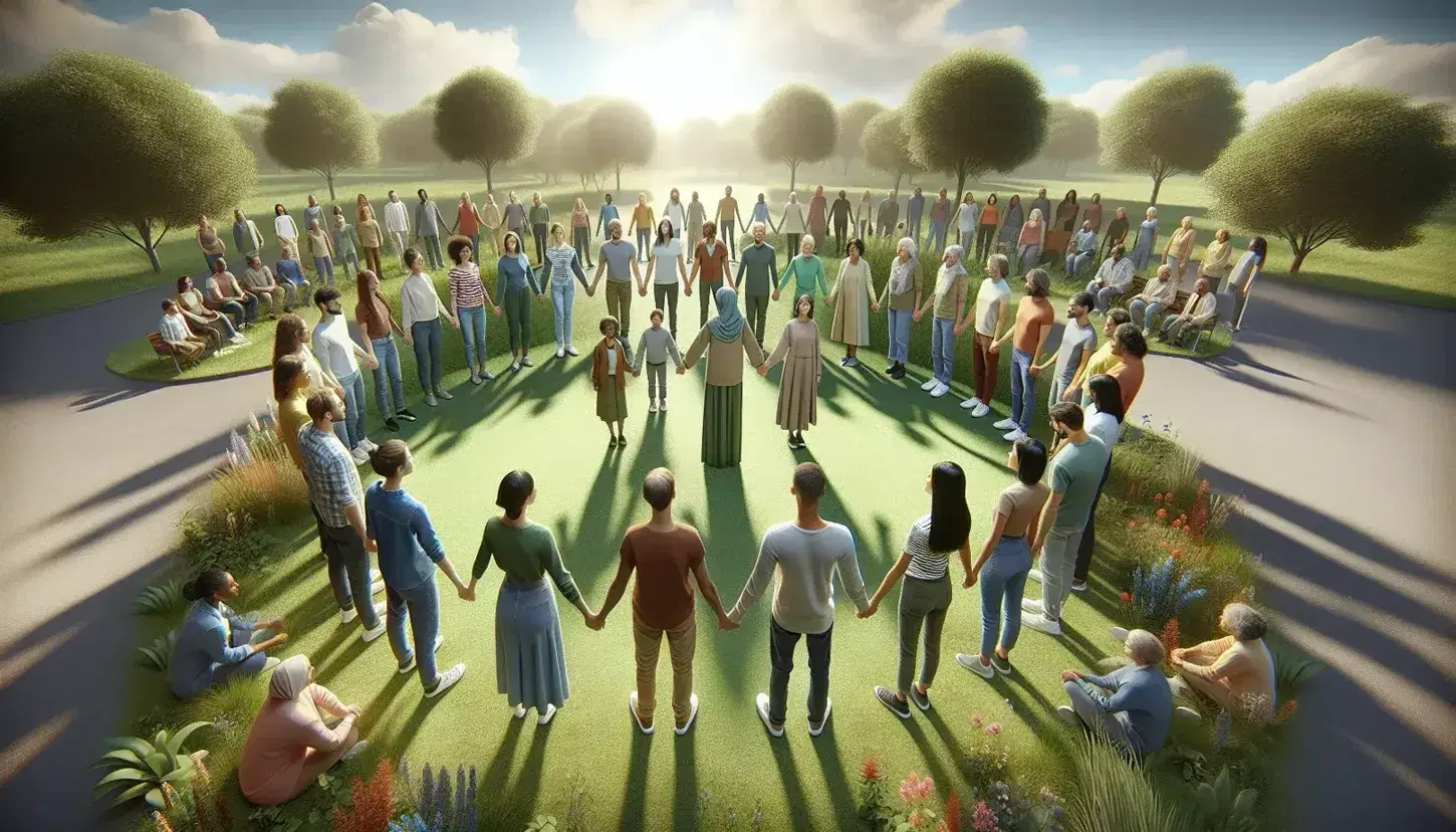 Grupo diverso unido en círculo al aire libre con manos apiladas en señal de apoyo mutuo, bajo un cielo azul y rodeados de naturaleza verde.