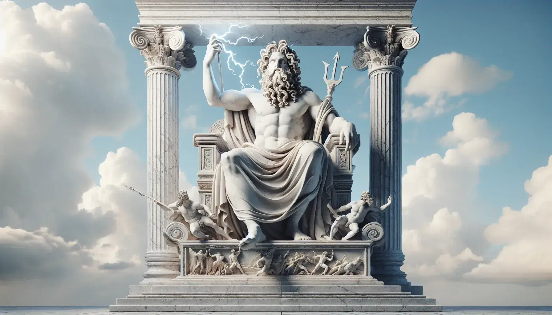 Scultura in marmo bianco di Zeus seduto su trono con fulmine in mano, colonne d'intonaco e cielo azzurro sullo sfondo.