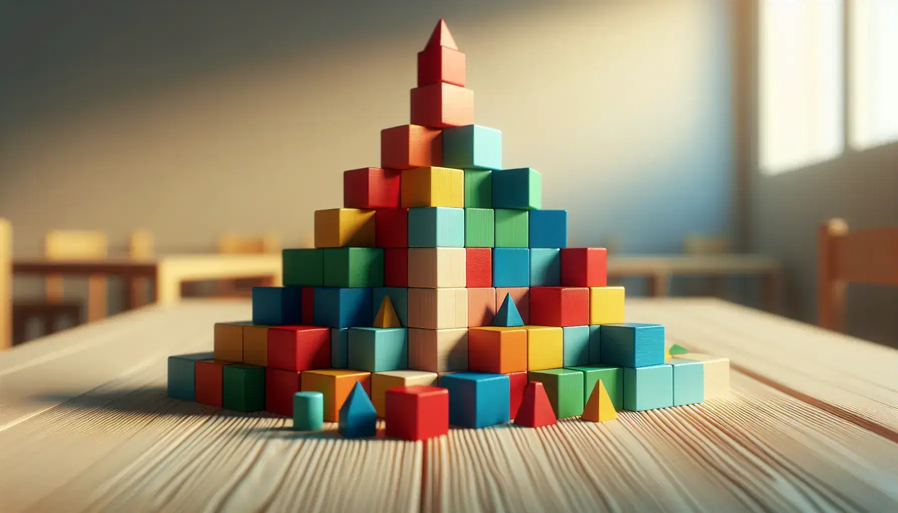 Piramide di blocchi colorati in legno con forme geometriche diverse su tavolo chiaro, ombre morbide, sfondo neutro.