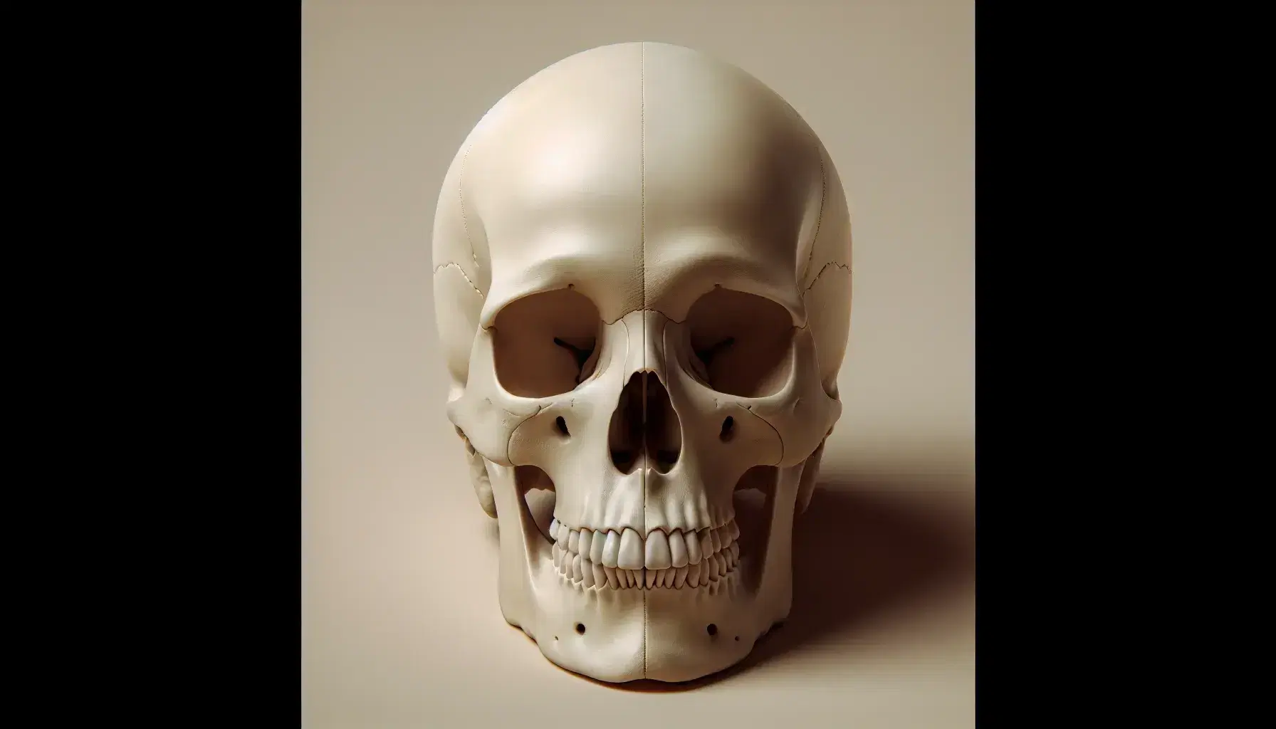 Cráneo humano detallado en vista superior con sutura coronal, cavidades oculares profundas y foramen magnum central sobre fondo gris claro.