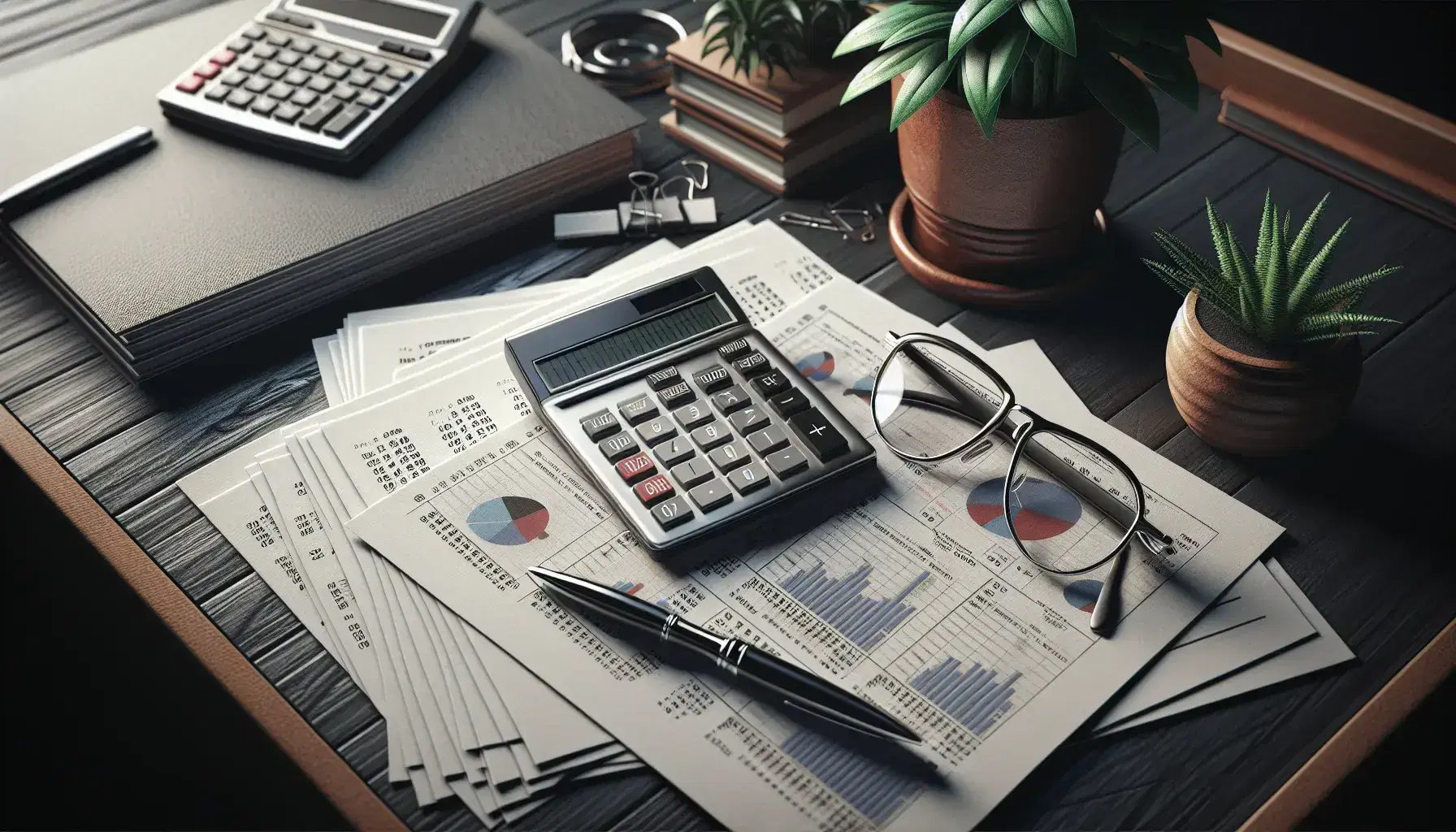 Escritorio de oficina con calculadora electrónica, papeles, gráficos de barras y líneas, bolígrafo negro y gafas, junto a planta interior desenfocada.