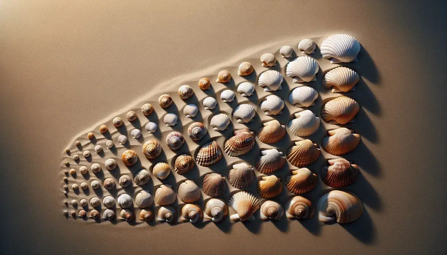 Shells of various sizes in ascending order on fine sand, with natural colors from beige to brown and different textures, softly illuminated.