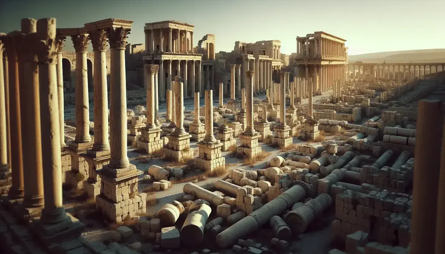 Vista panorámica de ruinas antiguas con columnas clásicas y estructuras con arcos bajo un cielo azul intenso, reflejando la grandeza de una civilización pasada.