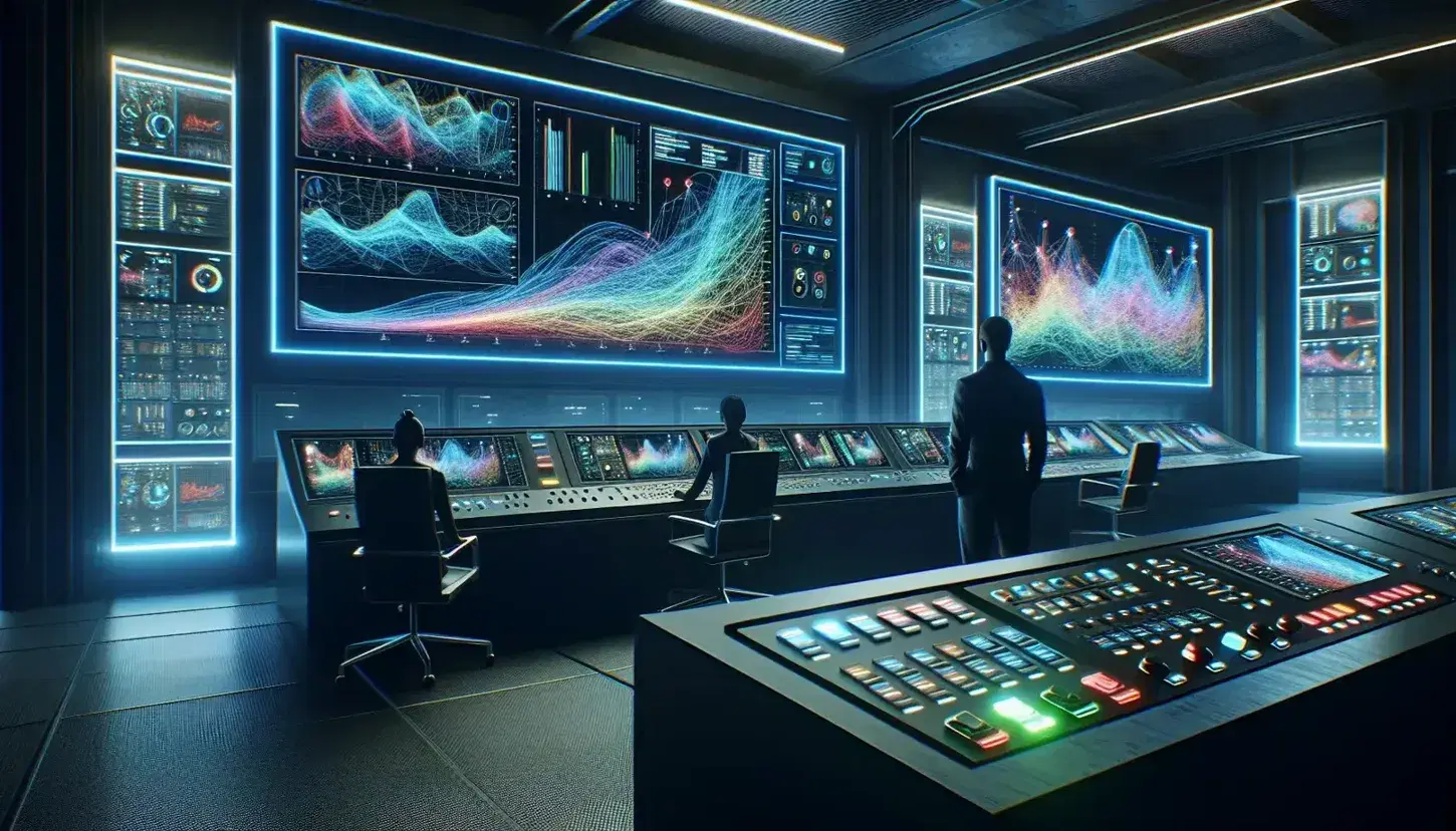 Modern control room with illuminated buttons on panels, three large monitors displaying colorful graphs, and two professionals monitoring systems.