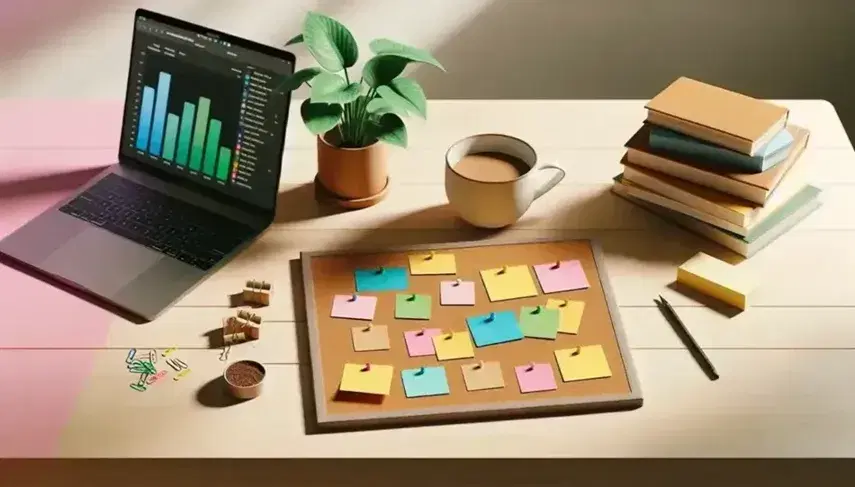 Mesa de madera clara con corcho y notas adhesivas coloridas, taza de café, libros apilados, planta verde y laptop abierto con gráficos de barras.