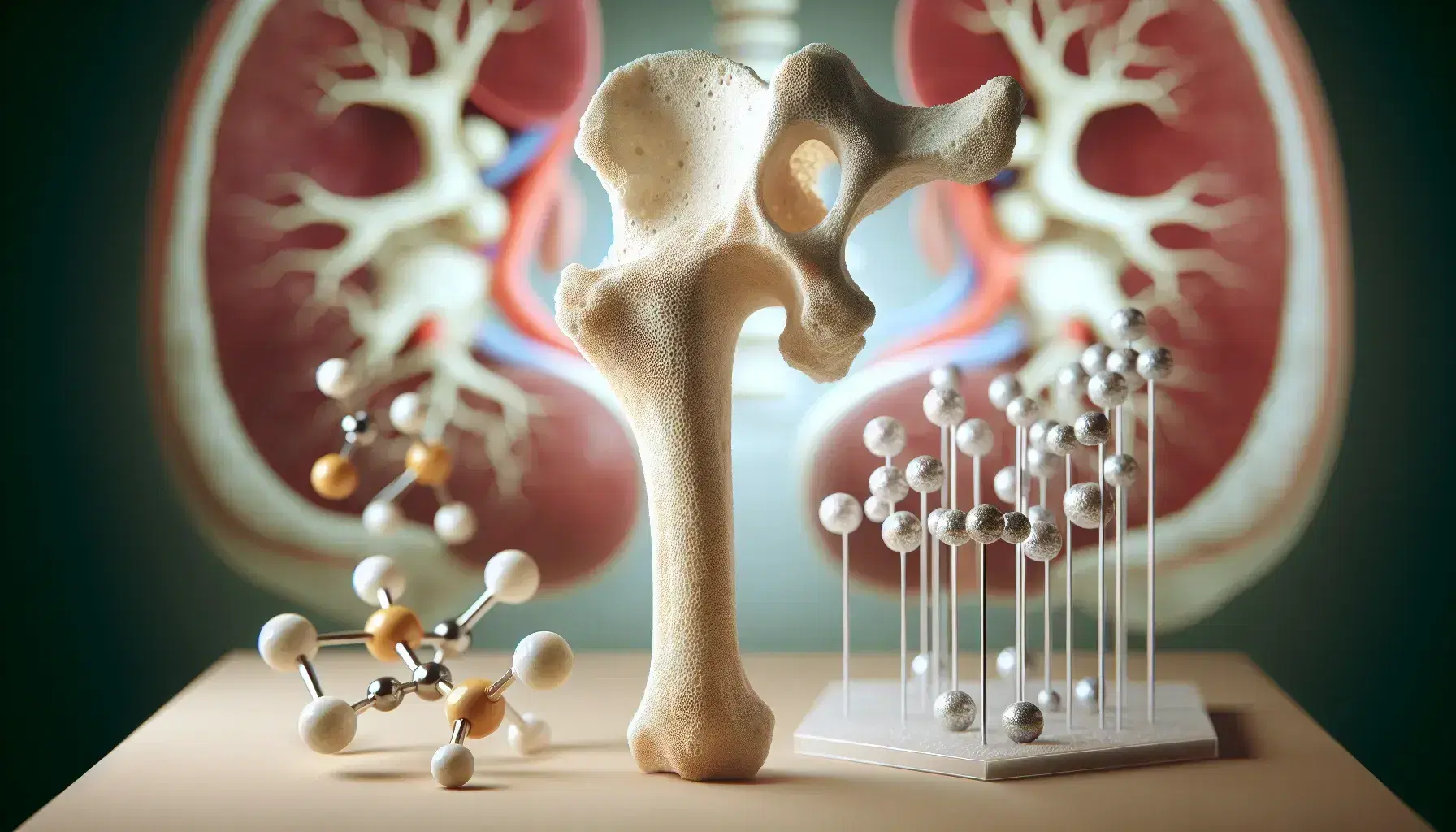 Modelo anatómico tridimensional de hueso humano, posiblemente fémur, con moléculas de calcio y fósforo, junto a riñón y glándula paratiroides desenfocados.