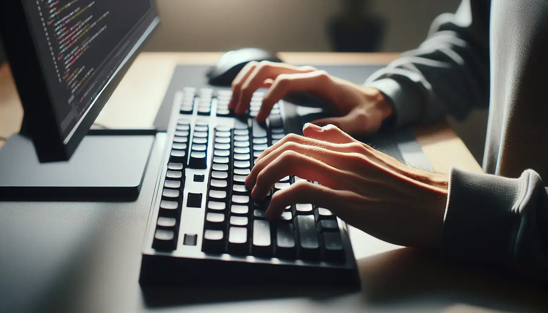 Close-up of hands typing on modern computer keyboard, with fingers on middle row, in bright environment with gray palm rest.