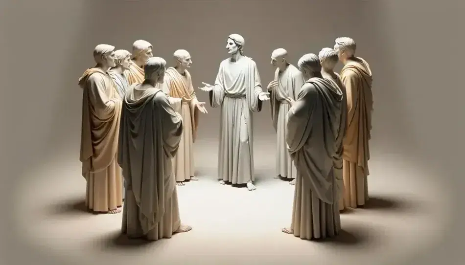 Grupo de cinco figuras masculinas en túnicas conversando en semicírculo, con gestos expresivos y fondo neutro claro.