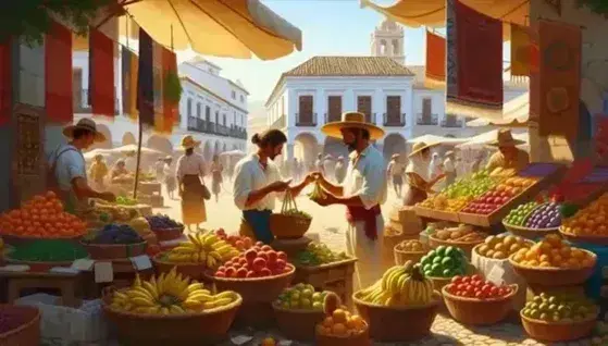 Lively Spanish marketplace with a fruit stand, vendor handing fruit to a customer, and stalls selling vegetables, textiles, and pottery under a clear blue sky.
