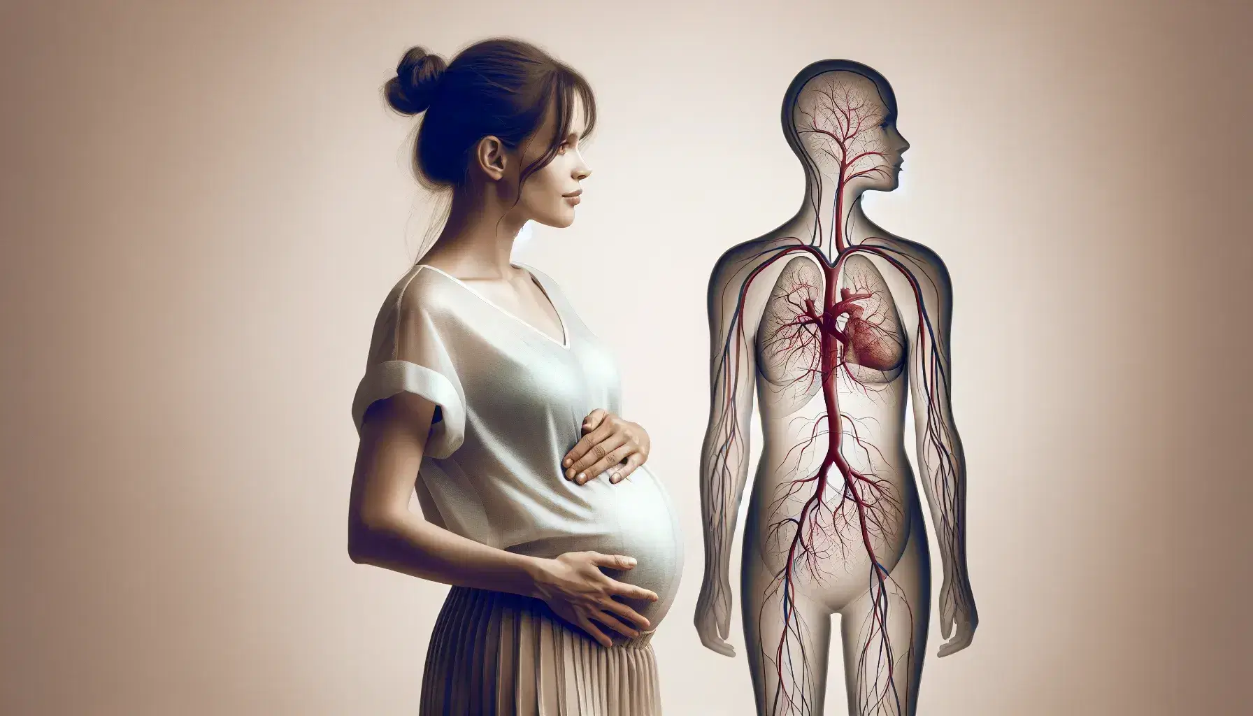 Mujer embarazada de perfil con mano en su vientre y representación gráfica del sistema circulatorio sin texto al lado.