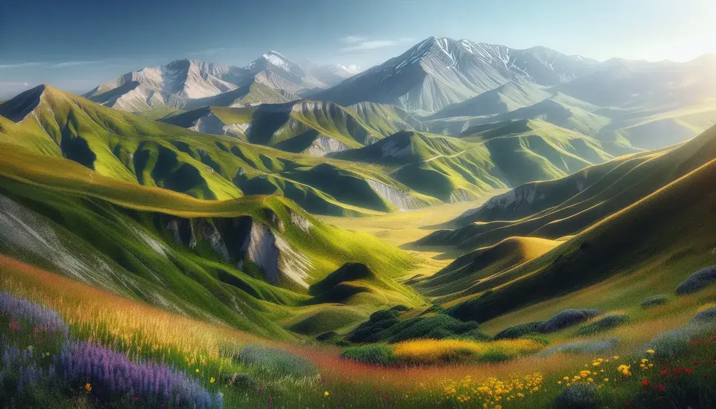 Panorama montano europeo con prati verdi, fiori selvatici, cime innevate e escursionisti su sentiero.