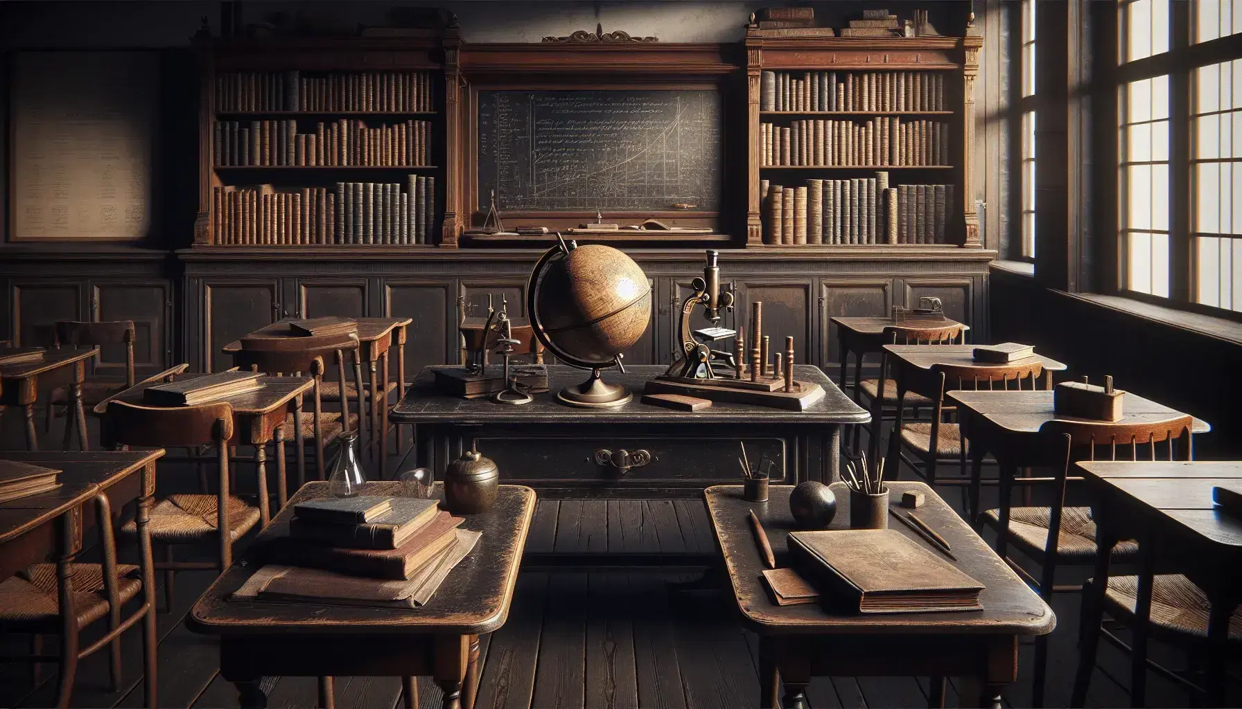 Aula antigua con mesa de madera, globo terráqueo sepia, microscopio de latón, libros de cuero y sillas de respaldo recto bajo luz natural.