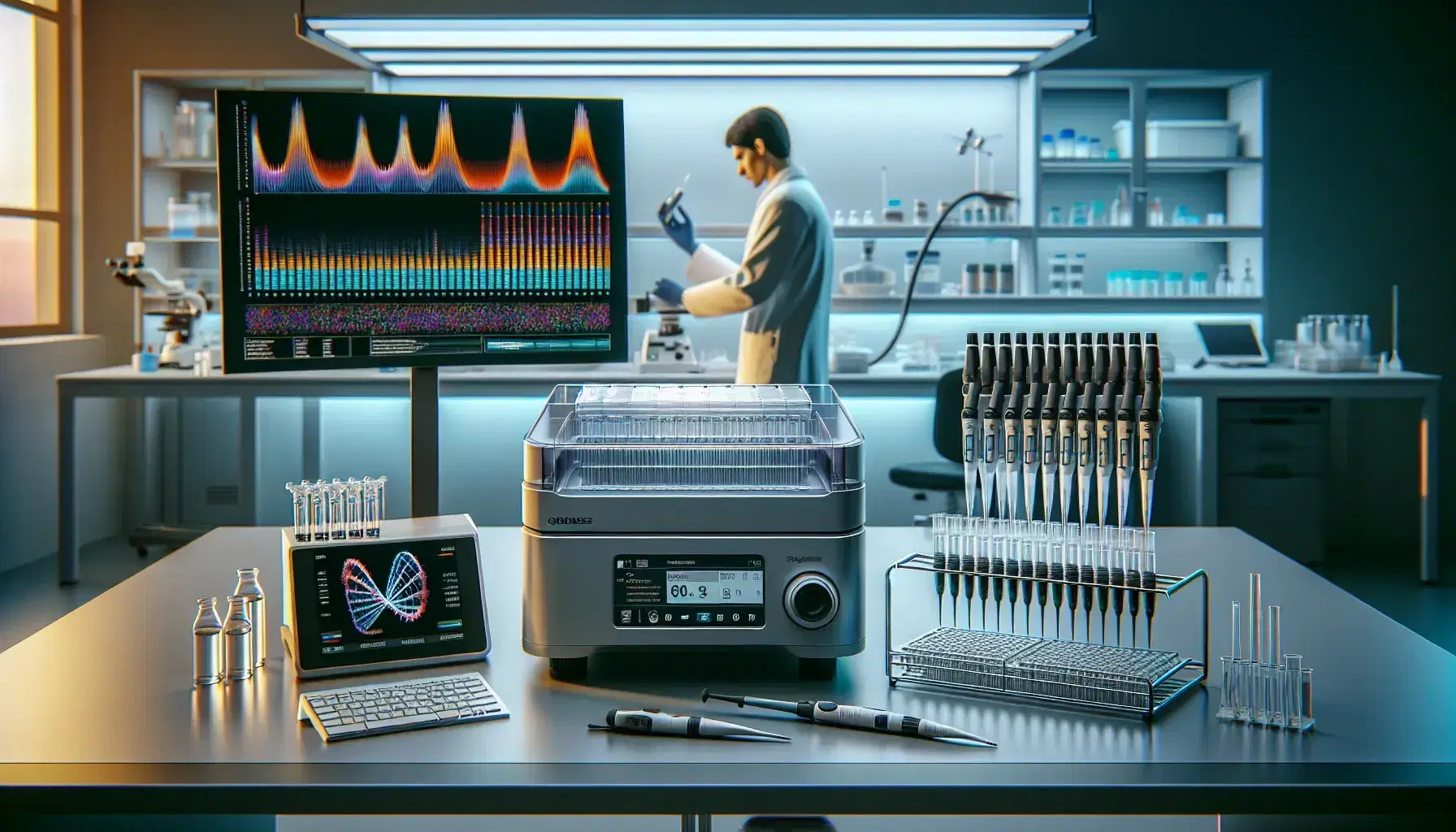 Laboratory workbench with scientific equipment including an open microcentrifuge, various pipettes, a modern DNA sequencer, and a colorful chromatogram on a monitor.