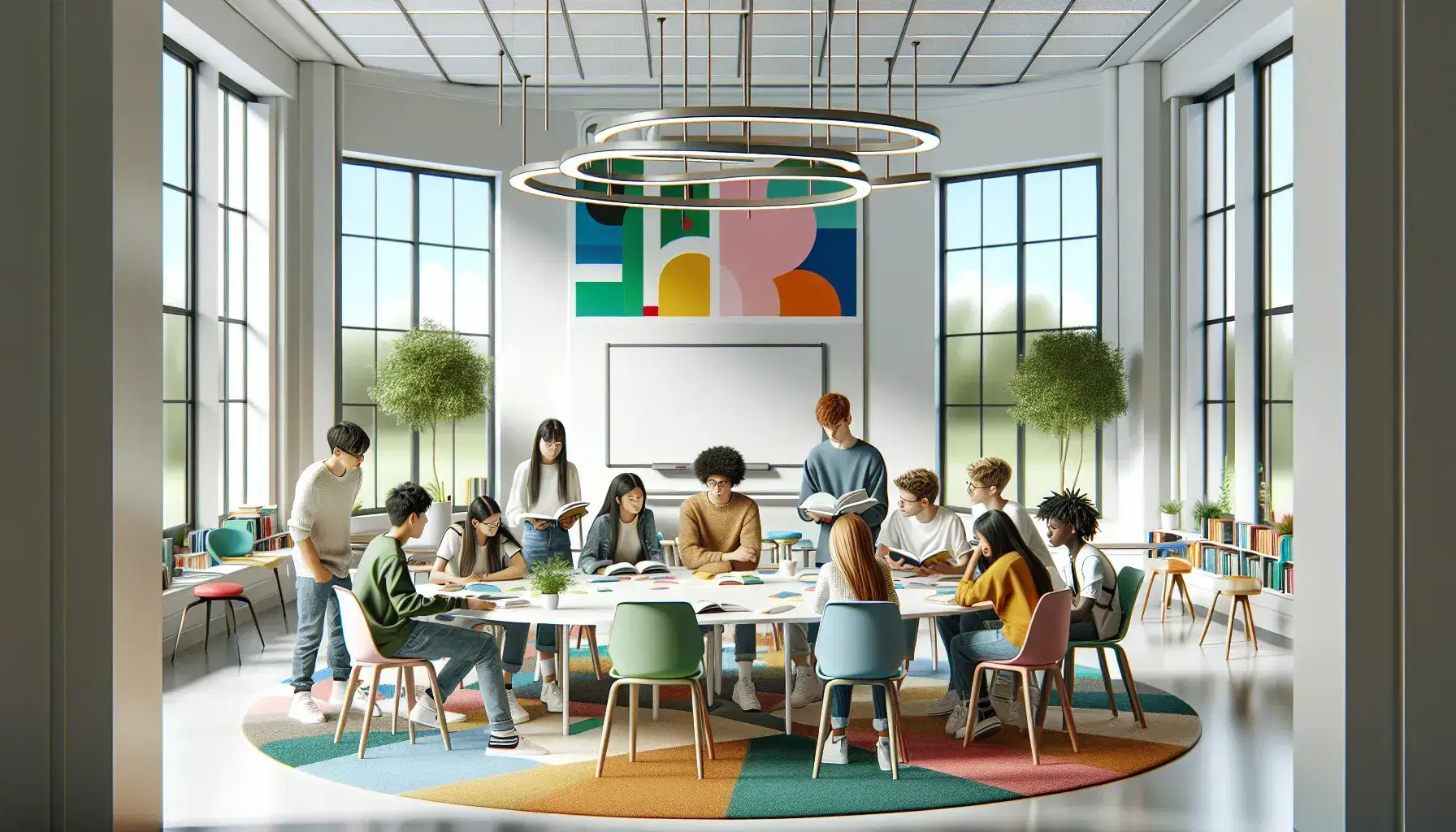 Aula moderna e luminosa con studenti multietnici attorno a un tavolo ovale, libri aperti, decorazioni geometriche sulle pareti e piante verdi.