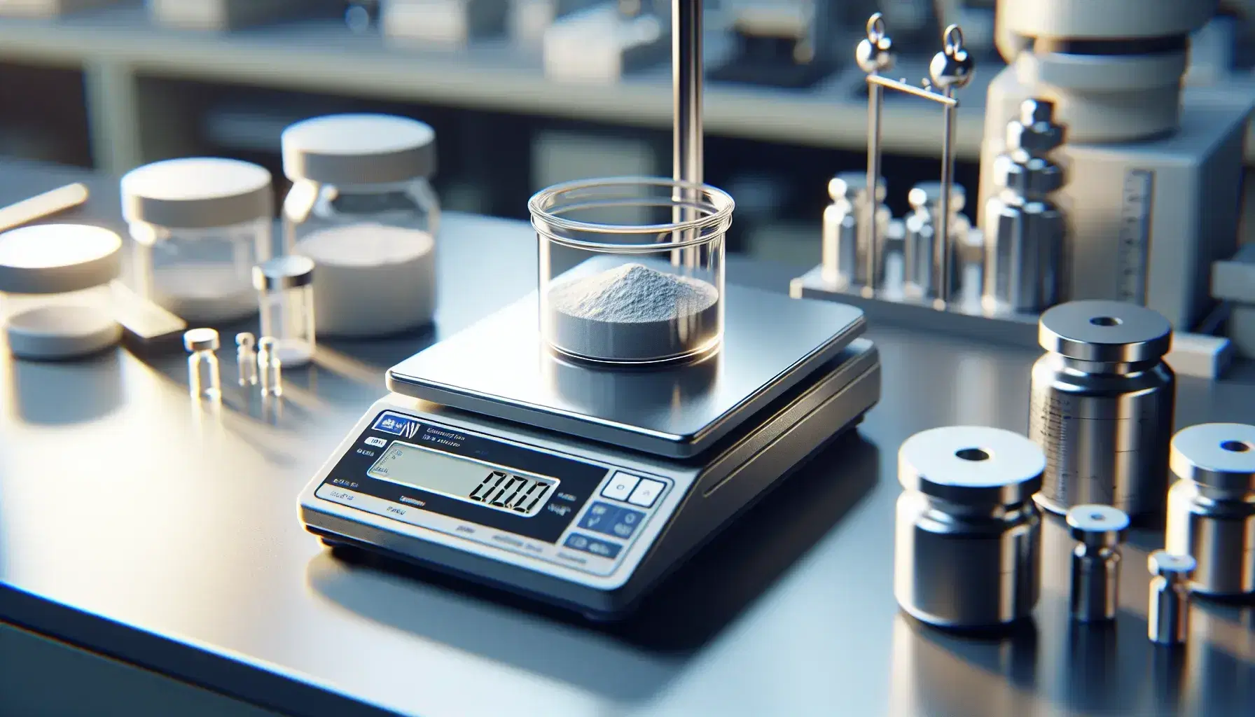 Bilancia analitica di precisione con piattaforma metallica e display spento, contenitore trasparente con polvere bianca sopra, pesi calibrati accanto su banco laboratorio.