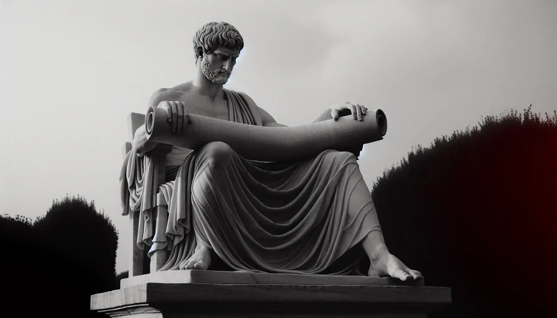 Statua in marmo bianco di Orazio seduto con rotolo di papiro tra le mani, su piedistallo di pietra grigia in contesto esterno sfocato.