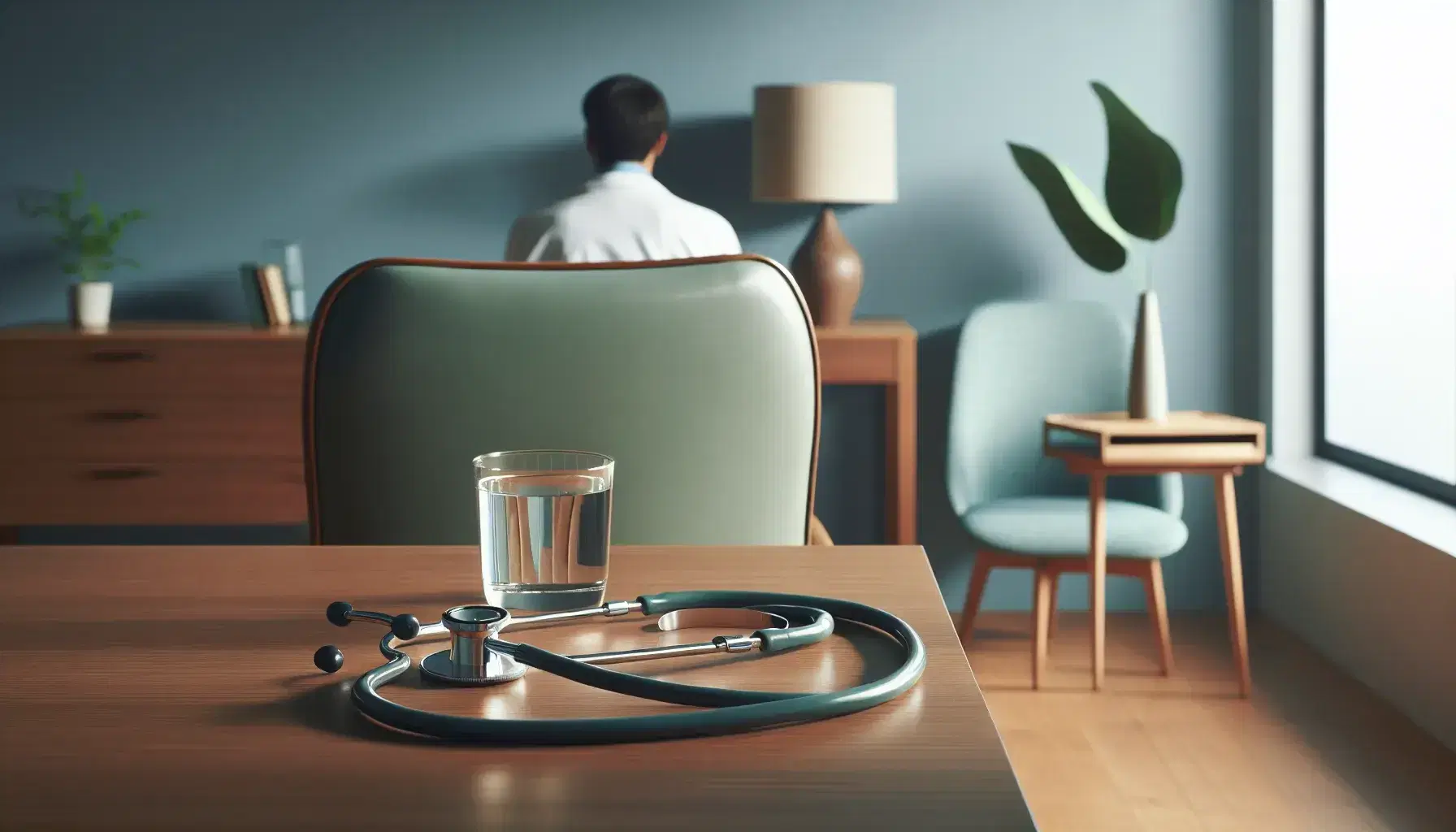 A psychiatrist's office with wooden desk, stethoscope, glass of water, doctor and patient with their backs in conversation, green plant, natural light.