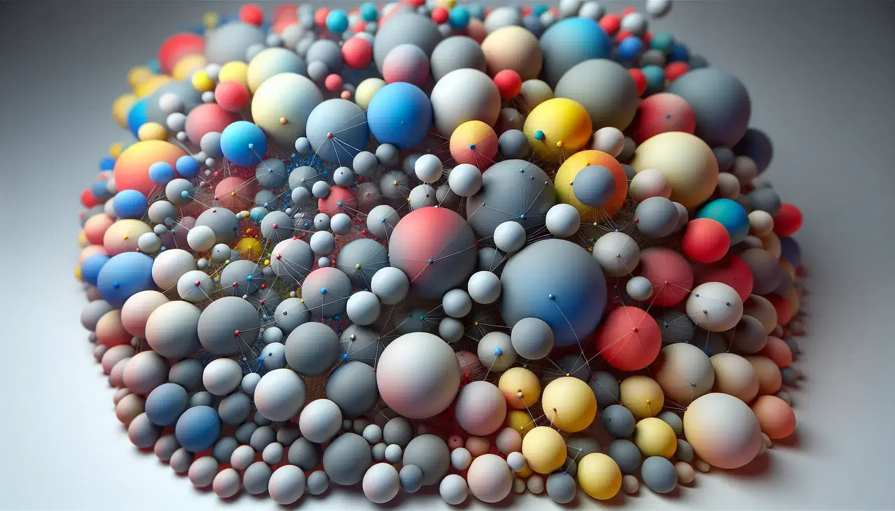 Esferas flotantes en 3D de varios tamaños y colores con líneas conectándolas, evocando una estructura molecular en espacio indefinido.