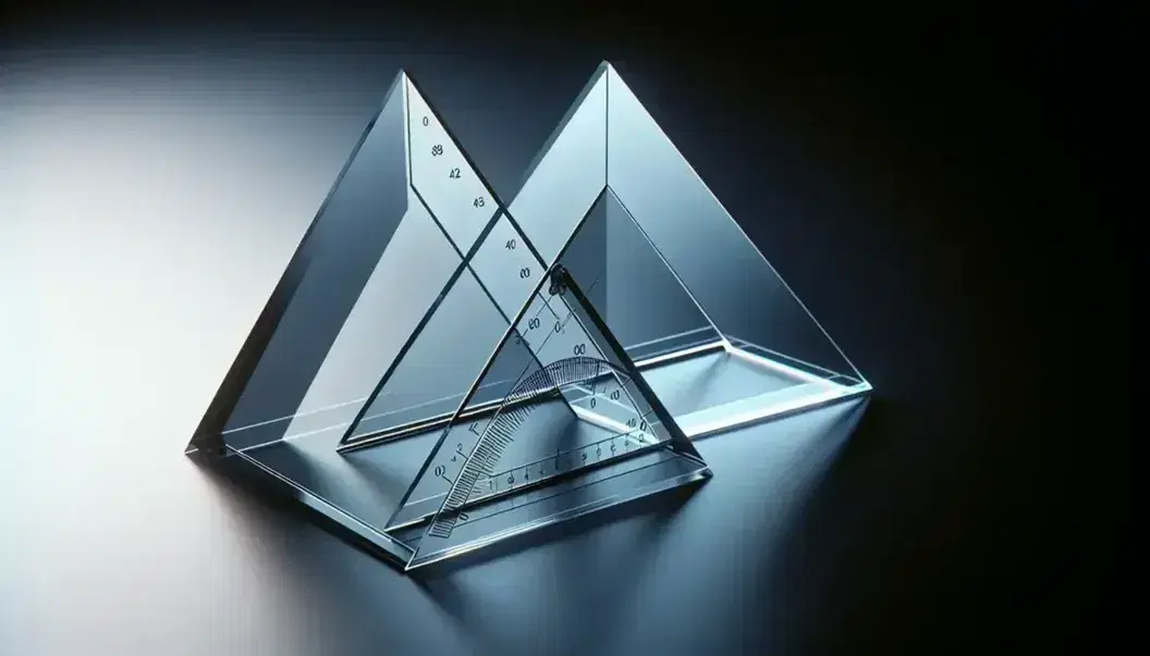 Clear acrylic equilateral and scalene triangles aligned by one side on a matte black surface, reflecting faintly with a light-induced color spectrum.