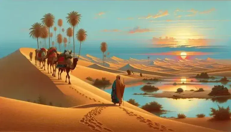 Uomo con turbante e mantello cammina nel deserto al tramonto, accompagnato da un cammello carico, vicino a un'oasi con palme.