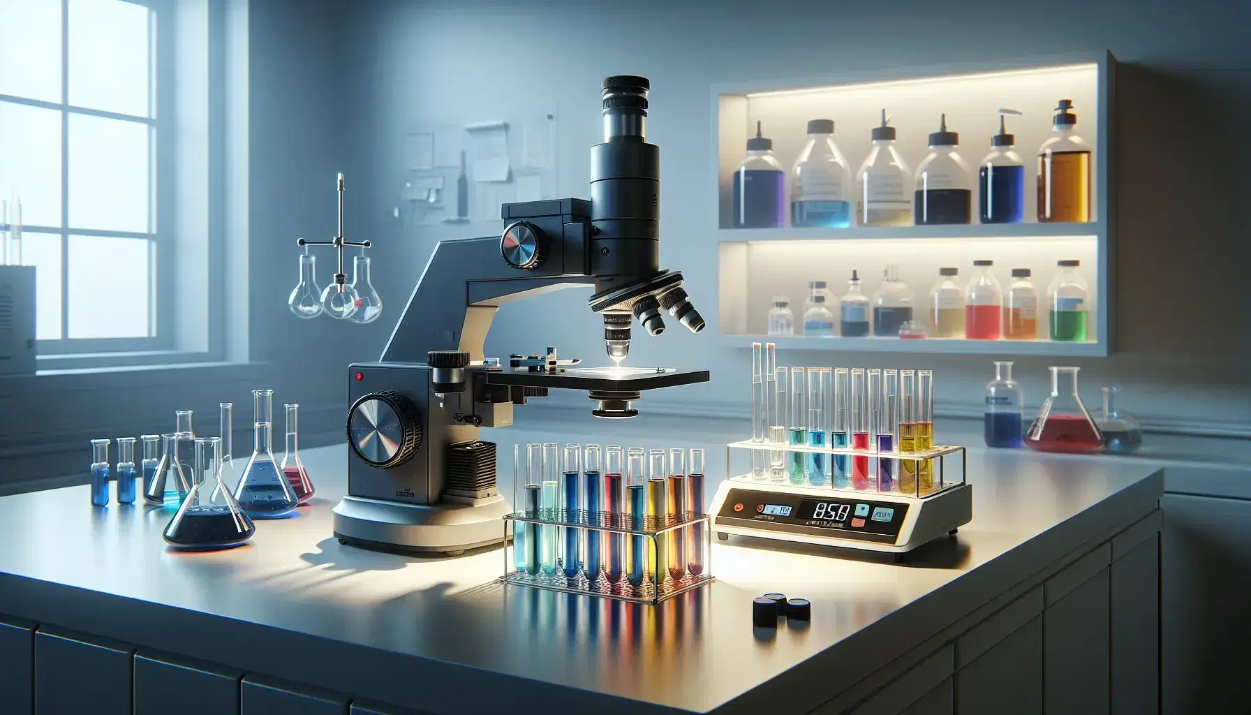 Laboratorio scientifico con microscopio elettronico, bilancia analitica, pipetta automatica e provette colorate su scaffali.