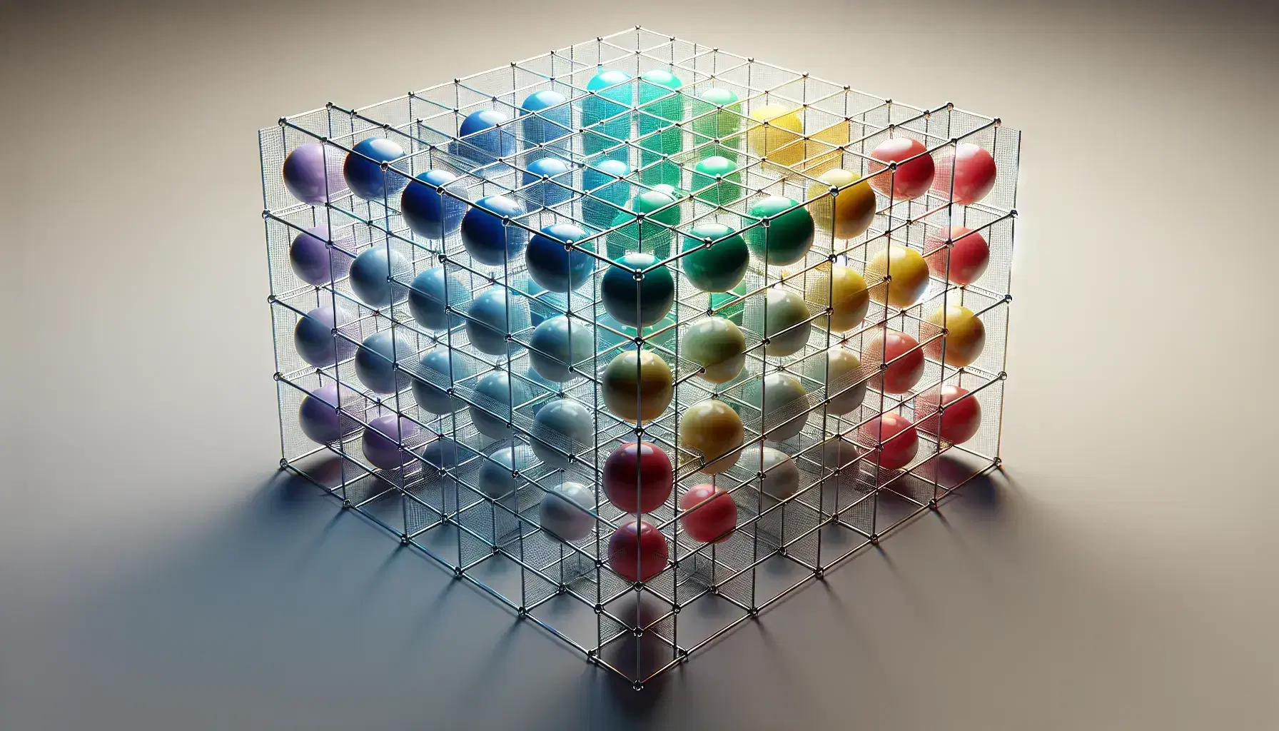 Griglia tridimensionale trasparente con sfere colorate rosse, blu, verdi, gialle e viola disposte senza allineamenti diretti su sfondo neutro.