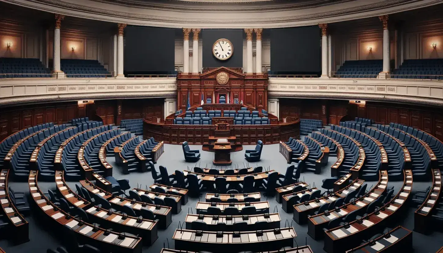 Interno vuoto dell'aula parlamentare con scrivanie blu semicircolari, sedie coordinate, tribuna presidenziale con sedia rossa e orologio dorato, bandiere italiane.