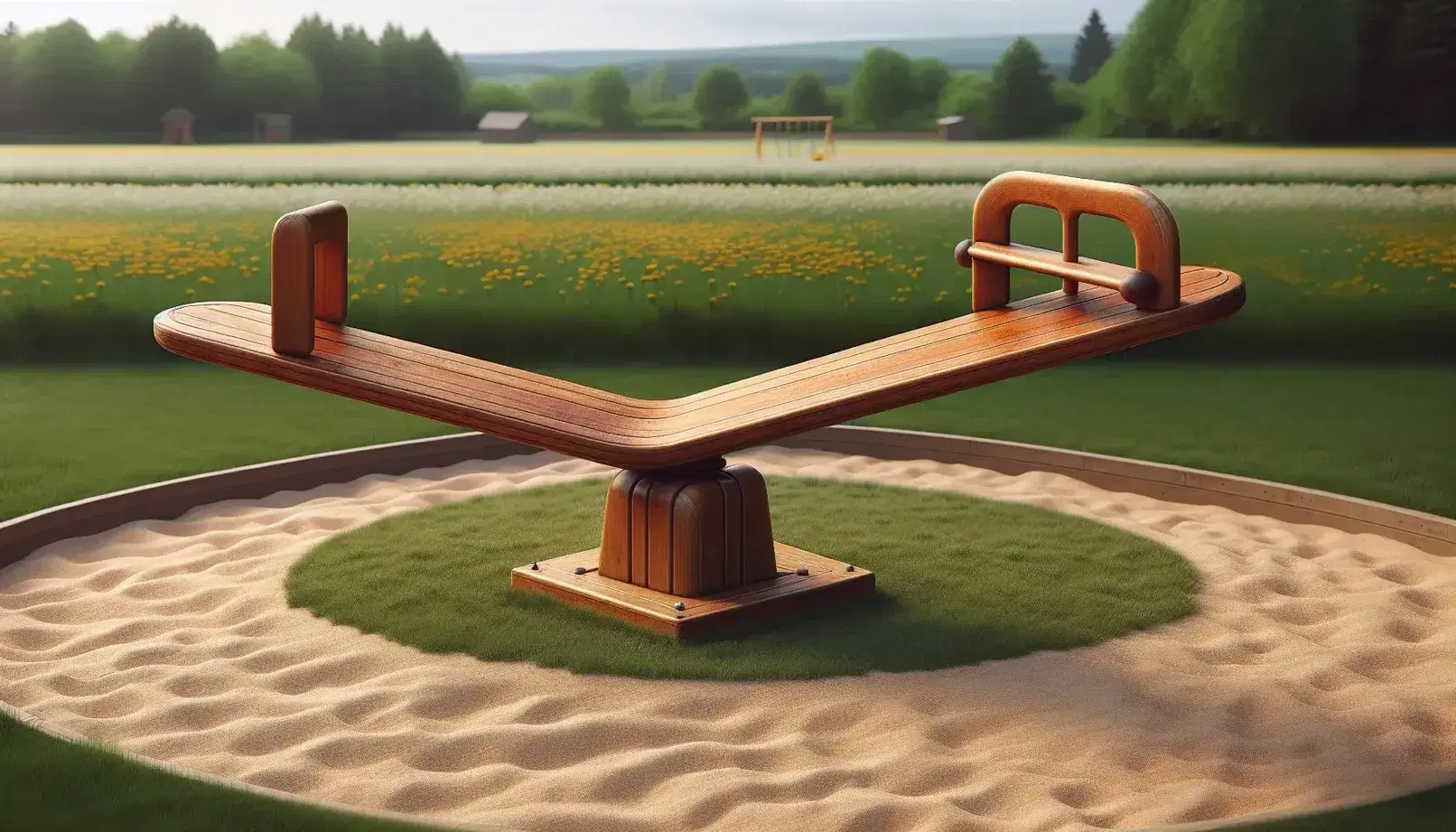 Balanced wooden seesaw with reddish-brown seats on sandy playground, surrounded by green grass and dandelions under a clear blue sky.