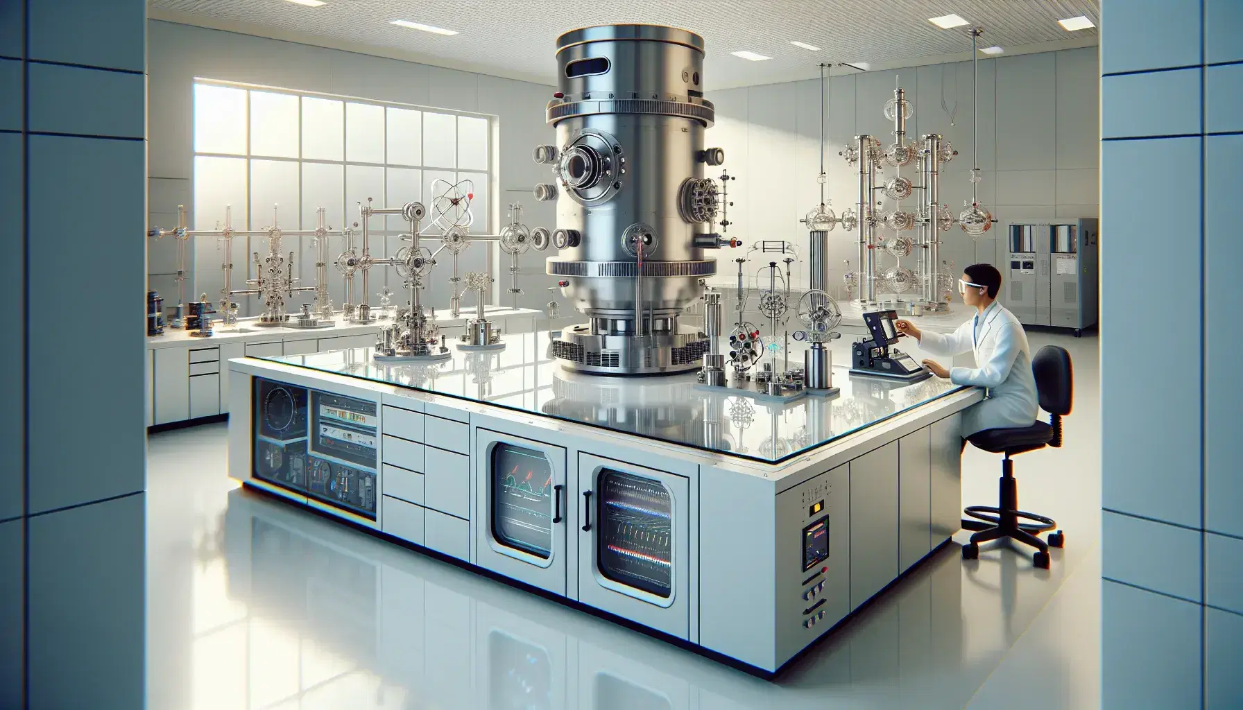 Modern laboratory with dilution refrigerator and quantum optics equipment, scientist adjusts digital device.