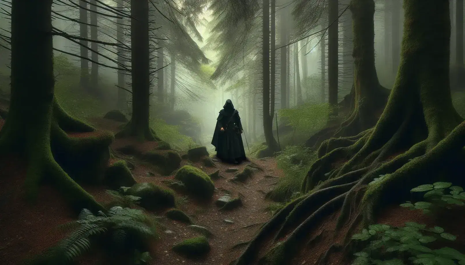 Figura umana in abiti medievali esplora sentiero nebbioso in foresta antica, tra alberi alti e radici muschiose.