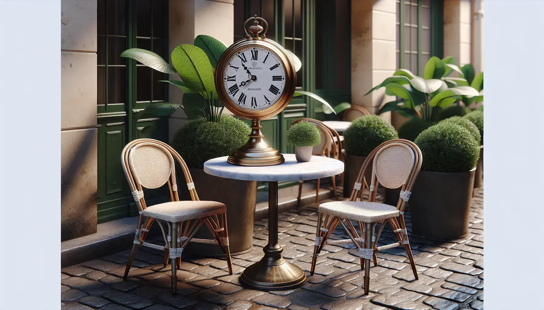 Classic French bistro setting with a marble-topped table, a non-working brass clock, and two rattan chairs on a cobblestone street, accented by a green potted plant.