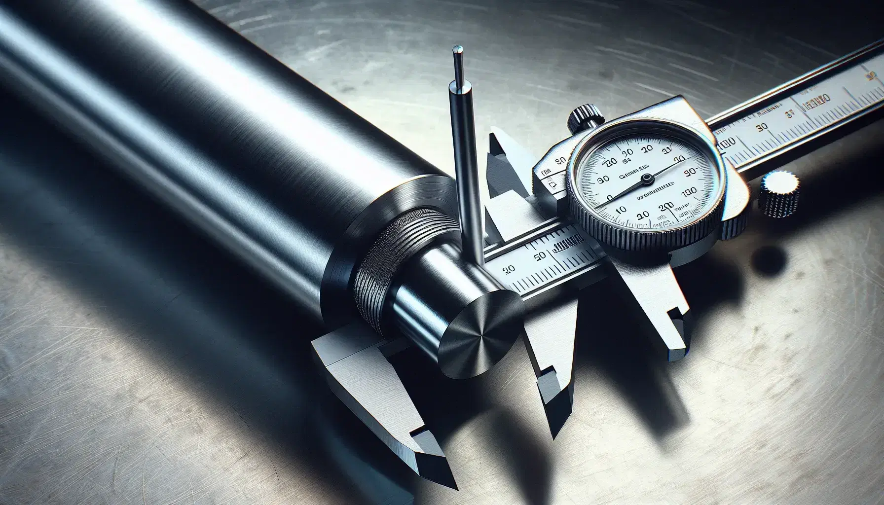 Vernier caliper measuring a polished metallic cylindrical rod, with internal jaws in contact, highlighting precision in a monochromatic setting.