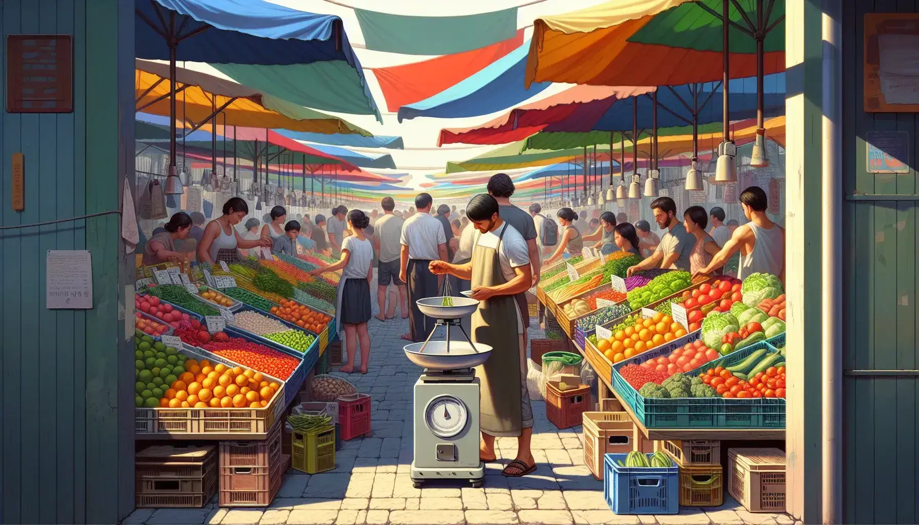 Mercato all'aperto con banchi colorati di frutta e verdura, persone che fanno acquisti e venditore che pesa prodotti su bilancia.