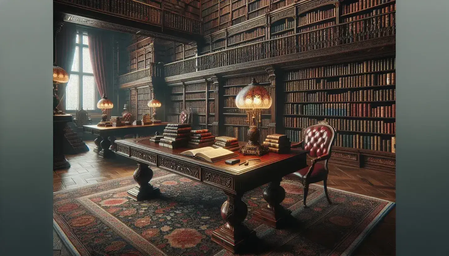 Biblioteca clásica con estanterías de madera oscura llenas de libros encuadernados en cuero, mesa central con libros abiertos, lámpara de bronce y alfombra persa.