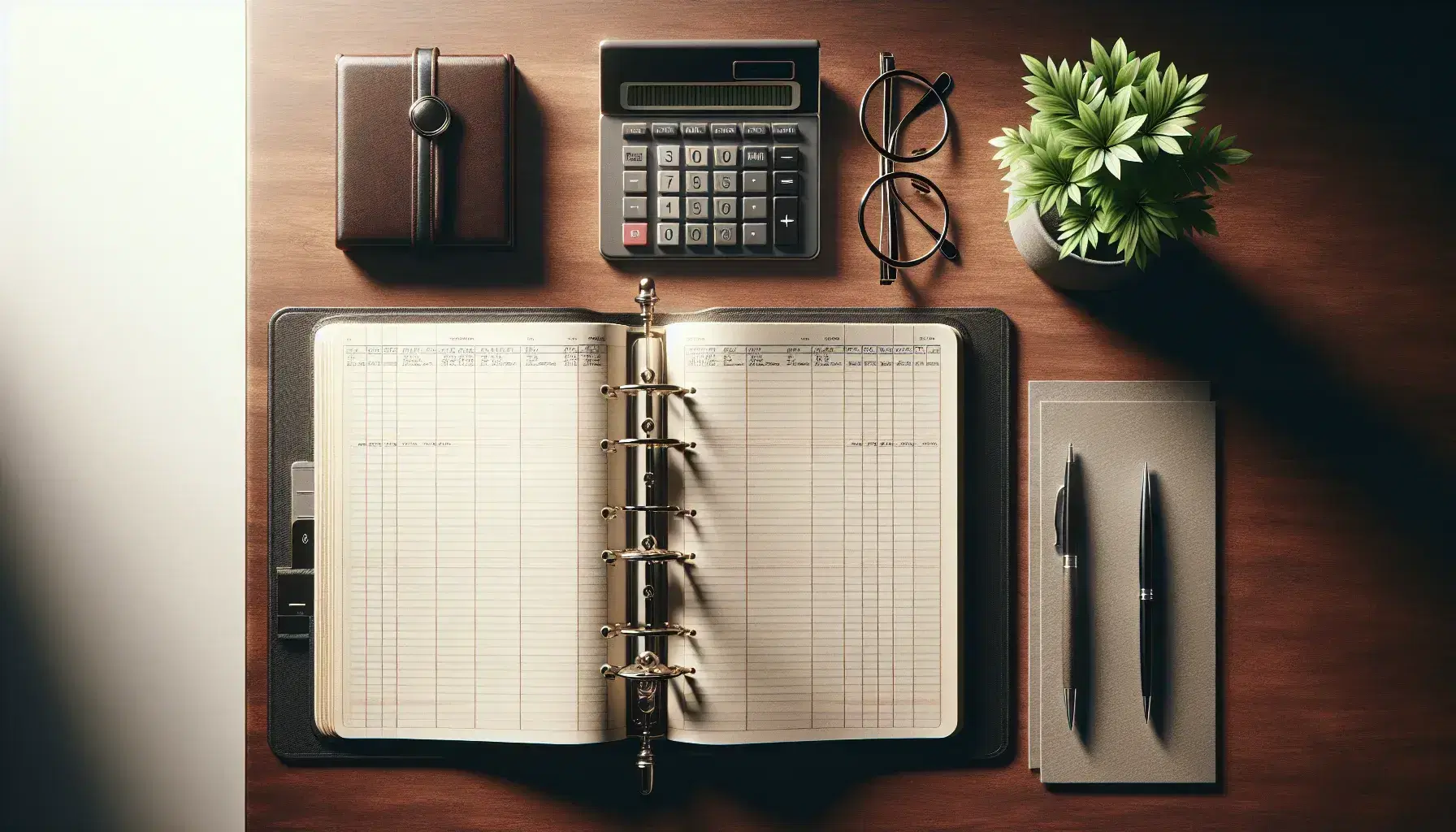 Organized office desk with open ledger book, black calculator, metallic reading glasses, and a small potted plant on a mahogany surface.