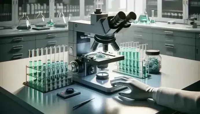 Microscopio elettronico in laboratorio di ricerca biomedica con provette colorate su tavolo bianco e braccio guantato che regola la messa a fuoco.
