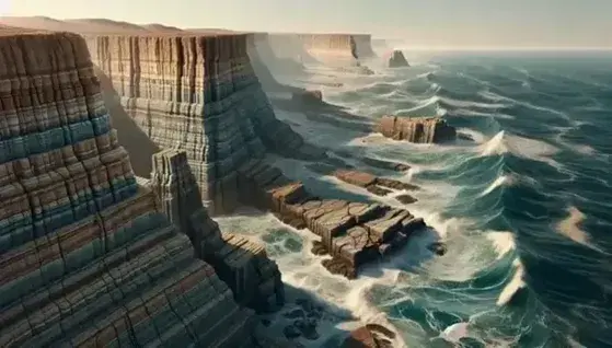 Rocky coast with sedimentary layers and visible fault, waves crashing on the cliffs and shades of blue in the rough sea.